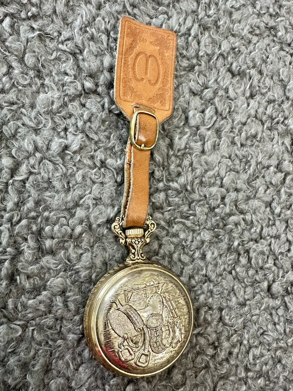 Vintage Westclox Gold Pocket Watch Horse Dial Leather Fob